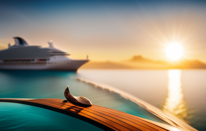 An image showcasing a sun-kissed, turquoise ocean backdrop, adorned by a majestic cruise ship gliding effortlessly through the waves