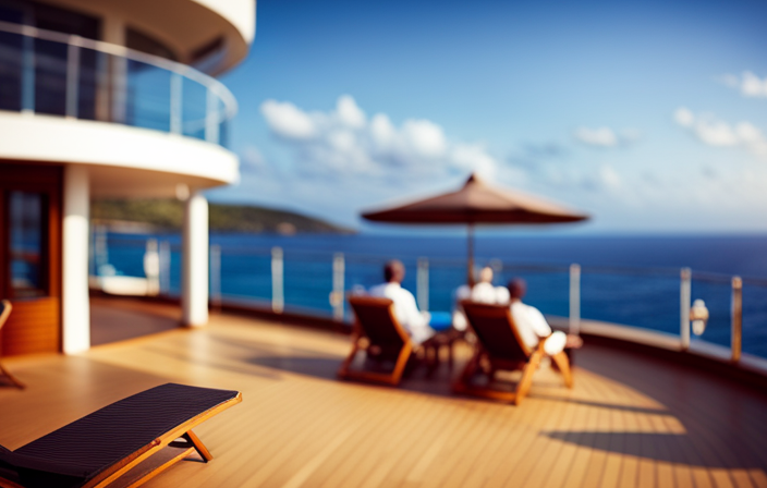 An image showcasing a sunlit deck on a cruise ship, with passengers in summer attire enjoying the pool, cocktails, and sun loungers, capturing the warm and tropical temperature aboard