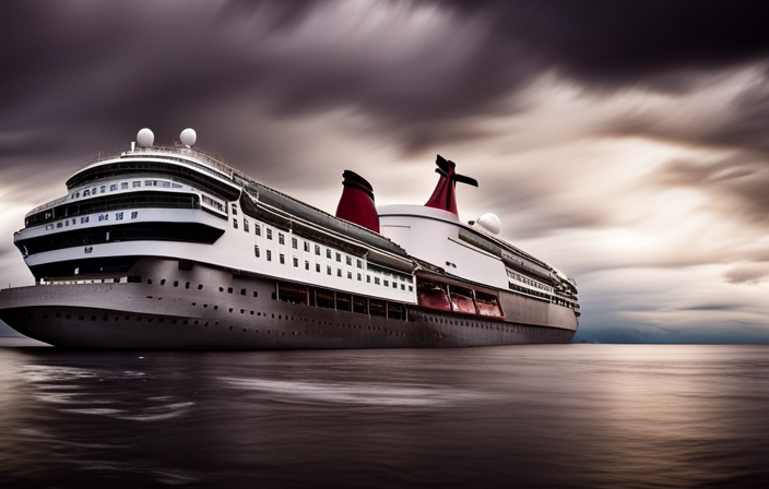 An image showcasing a dilapidated Carnival cruise ship, engulfed in gloomy gray clouds