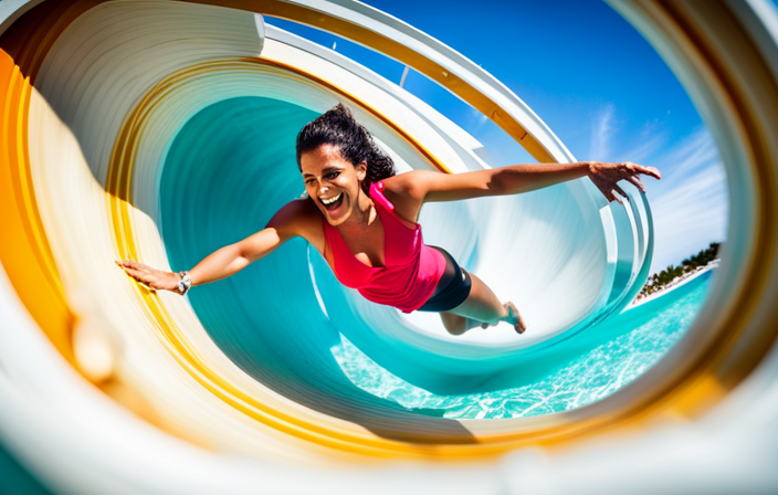 An image showcasing a vibrant water slide twisting and turning against a backdrop of sparkling turquoise waters, surrounded by joyful guests laughing and splashing, encapsulating the exhilarating fun of a Carnival Cruise