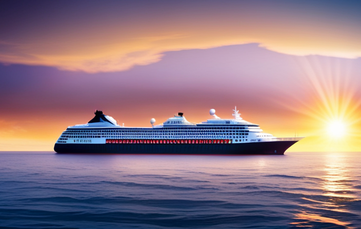 An image showcasing a majestic cruise ship navigating the vast expanse of the Pacific Ocean, framed by a stunning sunset sky