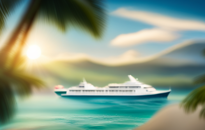 An image depicting a vibrant cruise ship sailing through crystal-clear turquoise waters, surrounded by a picturesque coastline dotted with palm trees