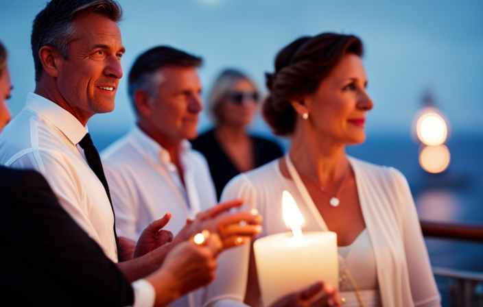 An image capturing the enchanting ambiance of a "White Night" on a cruise ship: guests elegantly dressed in white, dining al fresco under twinkling lights, with a backdrop of the vast ocean