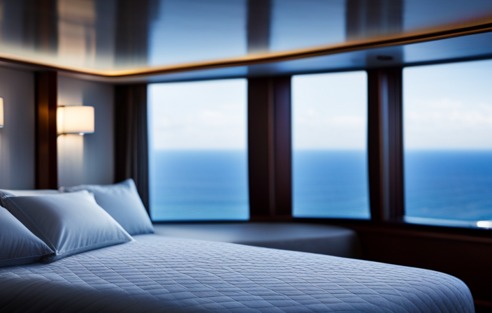 An image showcasing a luxurious Carnival Cruise stateroom, with a plush, cloud-like mattress adorned with a cozy duvet, accentuated by a serene sea view through floor-to-ceiling windows