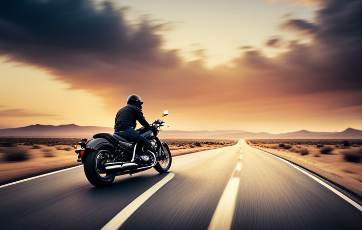 An image showcasing a sleek, high-performance motorcycle cruising effortlessly on an open highway