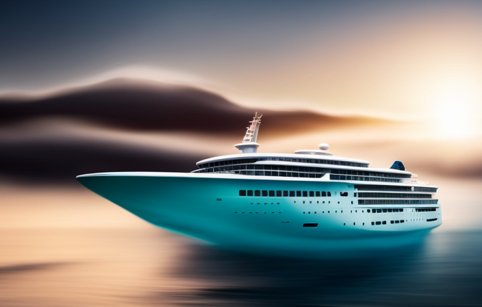 An image featuring a futuristic cruise ship gliding through crystal-clear turquoise waters, showcasing its sleek design, towering decks adorned with sparkling pools, and panoramic windows offering breathtaking ocean views