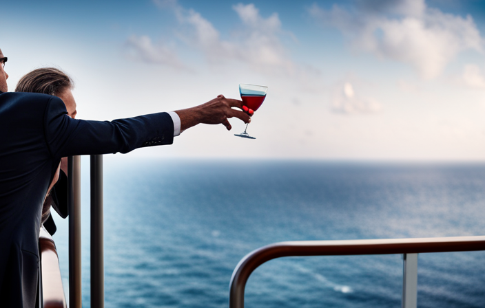 An image showcasing a passenger leaning dangerously over a cruise ship balcony, with a cocktail in hand, oblivious to the stunning ocean view, flouting safety regulations and risking a potential disaster