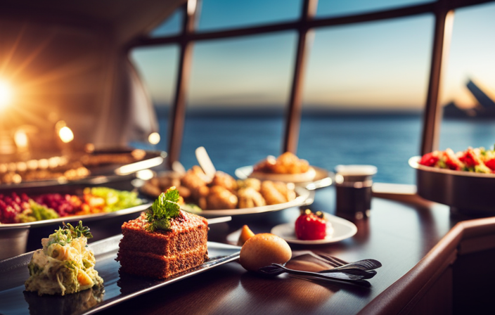 An image showcasing a deserted, unappetizing buffet table on a cruise ship, adorned with wilted salads, greasy dishes, and moldy pastries, all untouched