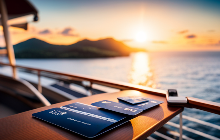 An image showcasing a variety of payment methods, including credit cards, mobile payment apps, and traveler's checks, spread out on a pristine cruise ship deck, inviting readers to explore the best payment options for their upcoming cruise