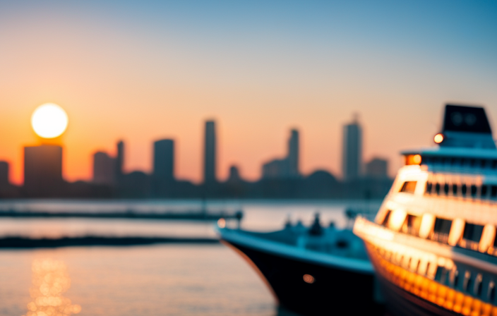 An image showcasing the vibrant Miami skyline at sunrise, with a majestic Disney cruise ship docked at PortMiami