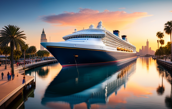 An image depicting a magnificent Disney cruise ship docked at a vibrant, bustling port