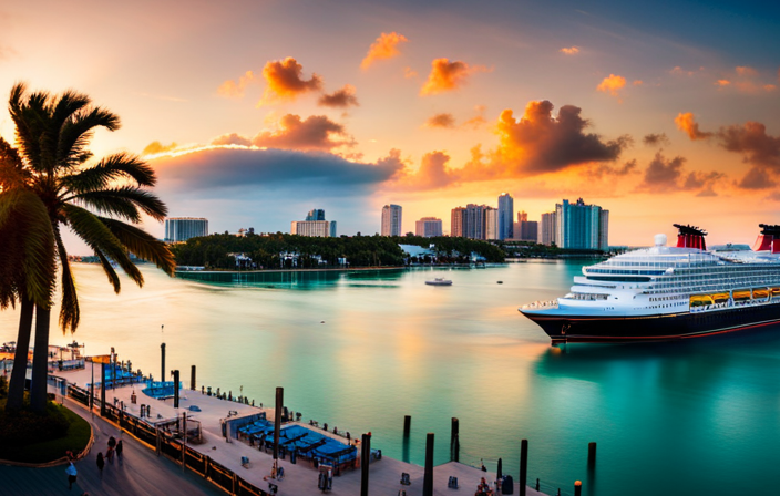An image showcasing a vibrant Disney cruise ship docked at the iconic Port of Miami, surrounded by crystal-clear turquoise waters, palm trees swaying in the breeze, and a bustling harbor filled with other impressive vessels