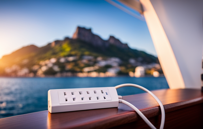 An image showcasing a power strip with surge protection, multiple outlets, and a detachable cord plugged into a wall socket on a cruise ship, surrounded by a variety of electronic devices