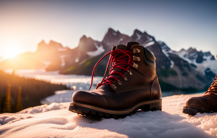 An image showcasing a pair of sturdy, waterproof hiking boots alongside a pair of insulated, ankle-high snow boots, lying on a background of icy glaciers and lush green forests, capturing the essence of footwear essentials for an unforgettable Alaska cruise