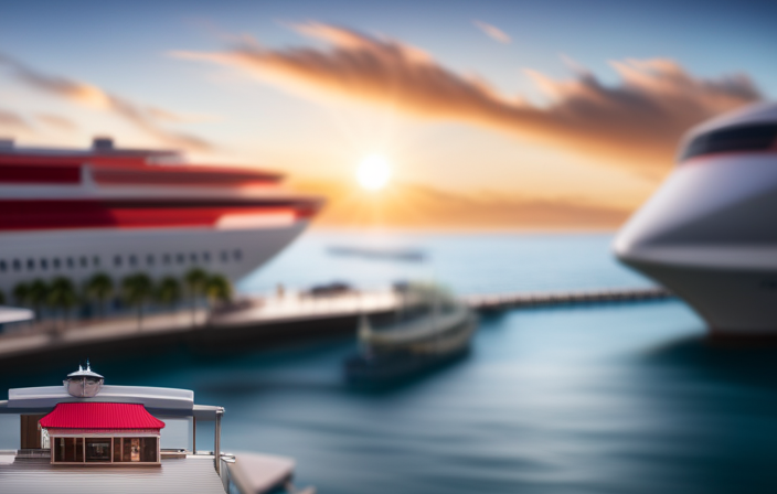 An image showcasing a bustling Port Canaveral, filled with vibrant cruise ships docked at various terminals