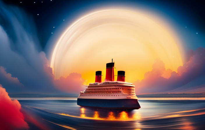 An image showcasing a mesmerizing night sky over a Disney cruise ship, with vibrant bursts of fireworks illuminating the darkness