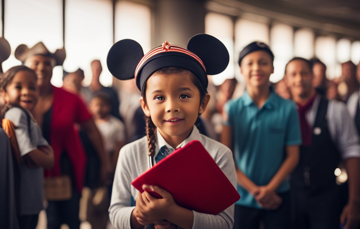 An image capturing the anticipation at a Disney Cruise terminal, with families cheerfully lined up, adorned in Mickey ears, clutching their passports and boarding passes, eagerly awaiting their turn to step onboard the majestic ship