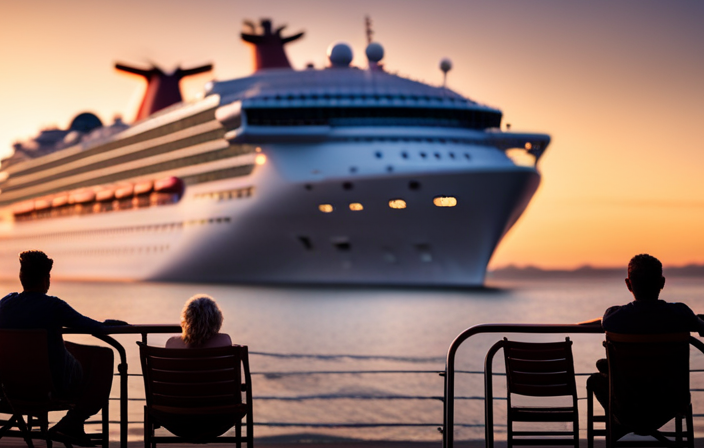 An image showcasing a vibrant, bustling Carnival Cruise ship at dusk, with the silhouettes of passengers enjoying lively music and drinks on the deck