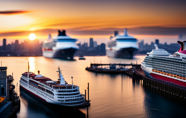 An image depicting a majestic sunset scene over a bustling harbor, with a massive Carnival cruise ship gliding towards the dock, surrounded by excited passengers, while city lights twinkle in the background