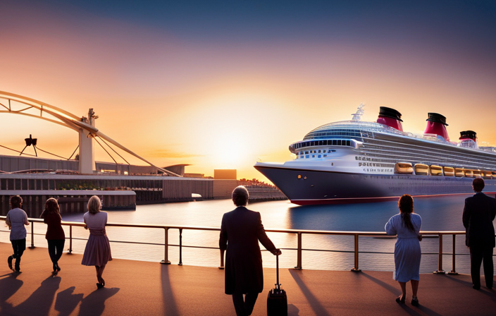 An image that showcases a majestic Disney cruise ship docked at sunrise, casting a golden glow over the port