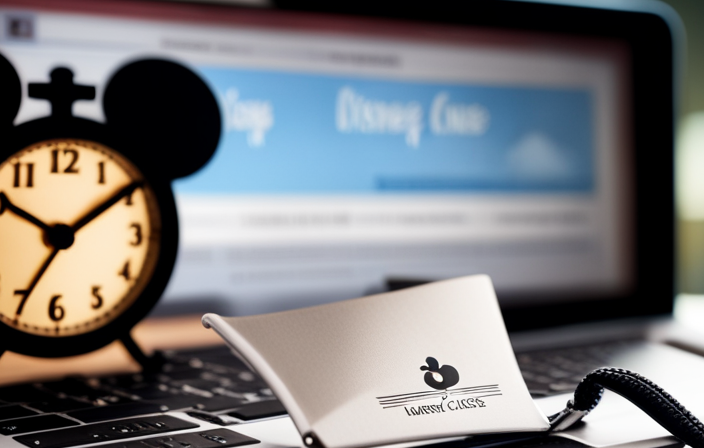 An image showing a laptop screen displaying the Disney Cruise website homepage, with a clock icon indicating the time