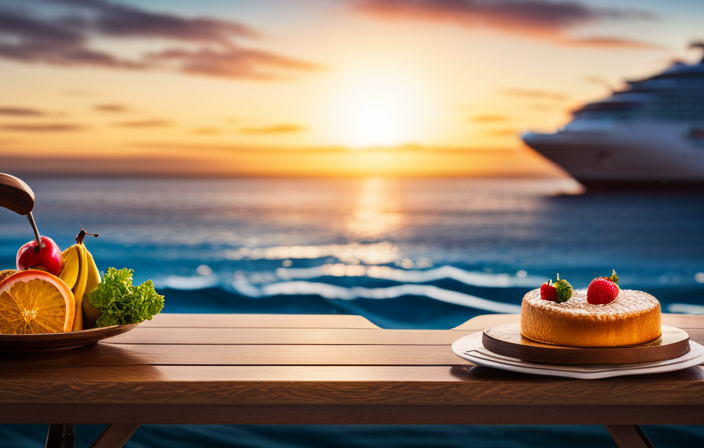 An image showcasing a vibrant sunrise over the open ocean, with a luxurious Carnival Cruise ship on the horizon