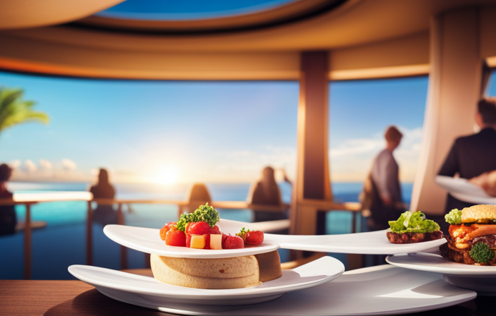 An image of a vibrant poolside scene on a Carnival Cruise ship, with families and friends enjoying a variety of delicious dishes from the buffet spread, while the sun shines brightly in the sky