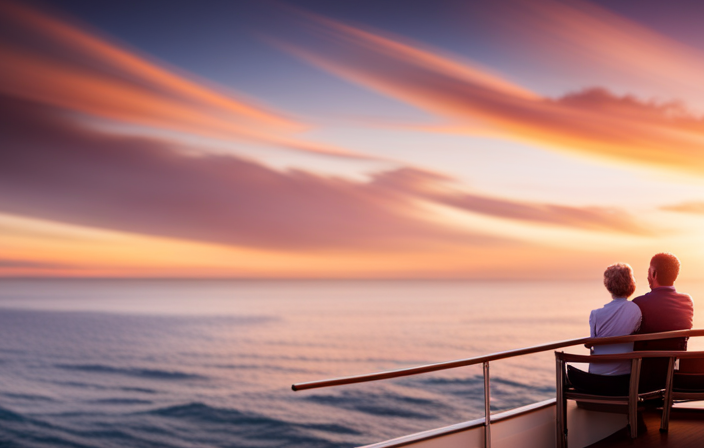 An image showcasing a picturesque sunset over the vast ocean, with a luxurious Disney cruise ship anchored in the background