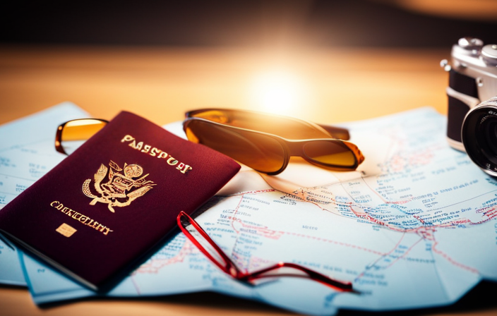 An image showcasing a traveler's checklist: a passport, a folded map, sunscreen, a camera, and a pair of sunglasses laid out on a wooden table, hinting at the excitement and preparation before embarking on a cruise