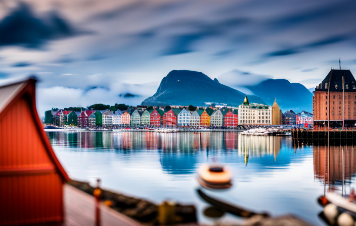 An image showcasing the charming Art Nouveau architecture of Ålesund, Norway, with a cruise ship docked in the foreground