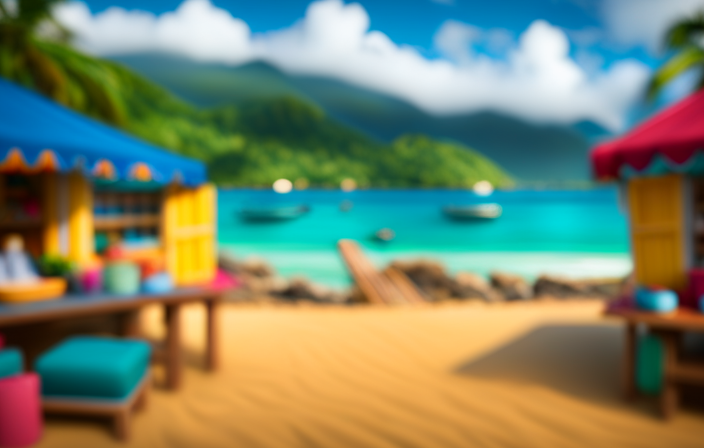 An image capturing the vibrant essence of Amber Cove, featuring a bustling marketplace adorned with colorful Caribbean stalls, a sparkling turquoise beach dotted with palm trees, and a magnificent backdrop of lush green mountains
