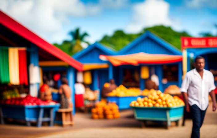 An image showcasing a vibrant Belizean marketplace bustling with colorful stalls adorned with exotic fruits, handcrafted souvenirs, and aromatic spices, inviting cruise ship visitors to explore the rich cultural experience