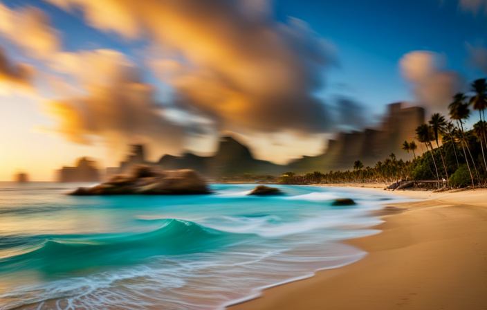 An image showcasing the vibrant colors of a tropical beach, with a cruise ship anchored in the crystal-clear turquoise waters of Cabo San Lucas
