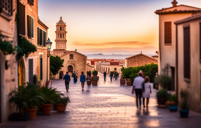An image capturing the vibrant colors of bustling Cagliari's historic Castello district, where visitors explore winding cobblestone streets lined with picturesque medieval architecture, while overlooking the breathtaking Mediterranean Sea