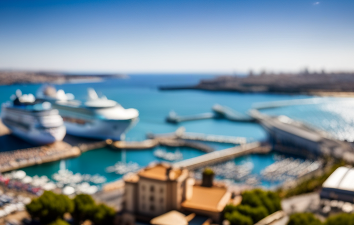 An image showcasing the bustling Civitavecchia Cruise Port, with towering cruise ships lining the harbor, vibrant outdoor cafes filled with locals, and a picturesque view of the ancient Taurine Baths in the distance