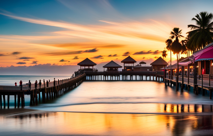 An image showcasing a vibrant pier lined with colorful shops and buzzing with tourists