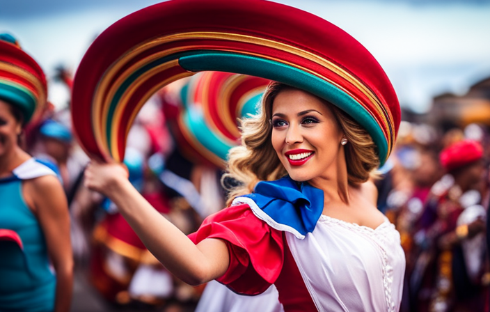 An image showcasing the vibrant Ensenada Carnival Cruise experience: A panoramic view of colorful floats parading through the bustling streets, adorned with exuberant dancers, lively musicians, and joyful carnival-goers immersed in the festive atmosphere