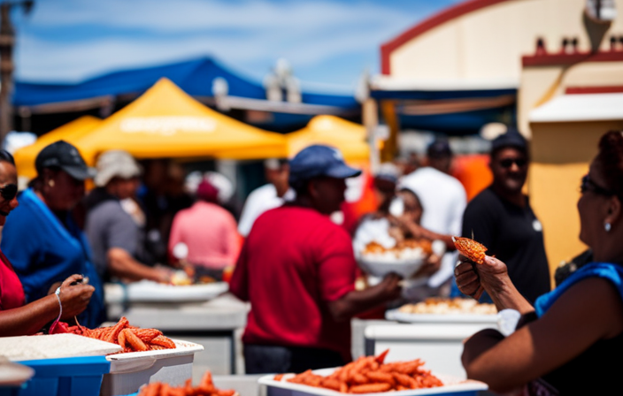 An image showcasing the vibrant colors of Ensenada Cruise Port's bustling fish market, with local vendors proudly displaying their fresh catches, surrounded by enthusiastic visitors sampling mouthwatering seafood delicacies under a sunny, blue sky