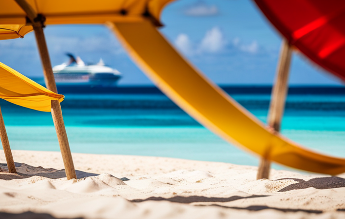 An image showcasing the crystal-clear turquoise waters of Half Moon Cay, where visitors relax on pristine white sandy beaches, surrounded by swaying palm trees and colorful beach umbrellas, while a vibrant Carnival Cruise ship gracefully anchors offshore