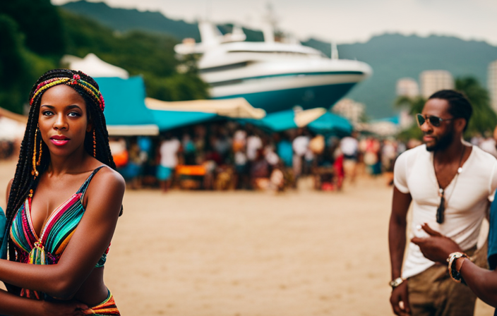 An image capturing the vibrant essence of Jamaica, featuring a cruise ship anchored off the coast, surrounded by crystal-clear turquoise waters, lush palm-fringed beaches, and locals engaging in lively reggae dance amidst colorful street markets