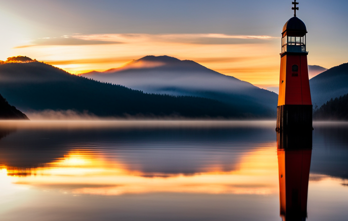 the enchantment of Ketchikan's cruise port with an image showcasing the towering totem poles lining the picturesque waterfront, bathed in golden hues as the sun sets over the calm, glistening waters