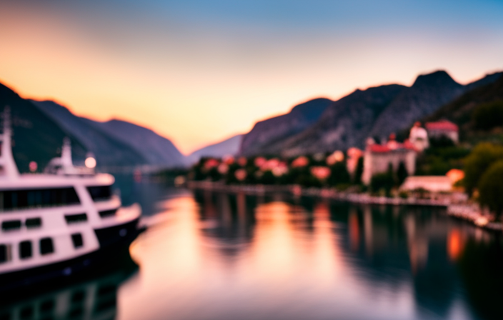 An image showcasing the breathtaking beauty of Kotor Bay, where a majestic cruise ship docks against the backdrop of towering mountains, medieval fortifications, and a charming old town nestled by the sparkling Adriatic Sea