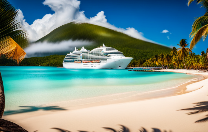 An image showcasing a vibrant cruise ship docked in La Romana, surrounded by crystal-clear turquoise waters, palm-fringed white sandy beaches, colorful buildings, and locals engaging in water sports and cultural activities
