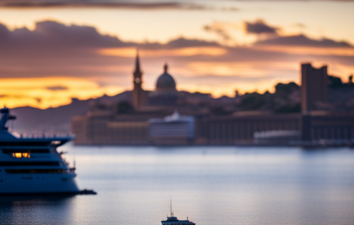 An image showcasing the bustling Messina port, with a grand cruise ship anchored against the backdrop of the historic city