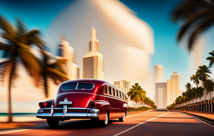 An image showcasing the vibrant streets of Miami, with sun-kissed palm trees lining the road leading to the iconic Art Deco buildings of South Beach