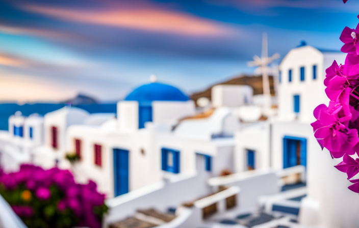 An image featuring a dazzling Mykonos port bustling with vibrant cruise ships, where tourists explore the narrow cobblestone streets, adorned with whitewashed houses, colorful bougainvillea, and iconic windmills overlooking the azure Aegean Sea