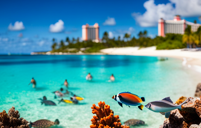 An image showcasing a family snorkeling in the crystal-clear turquoise waters of Nassau, Bahamas, with colorful tropical fish swimming among vibrant coral reefs