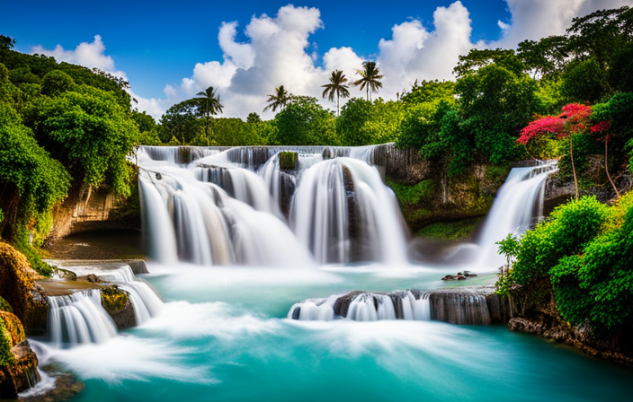 An image showcasing the vibrant Dunn's River Falls, with tourists climbing the cascading limestone steps, surrounded by lush tropical foliage