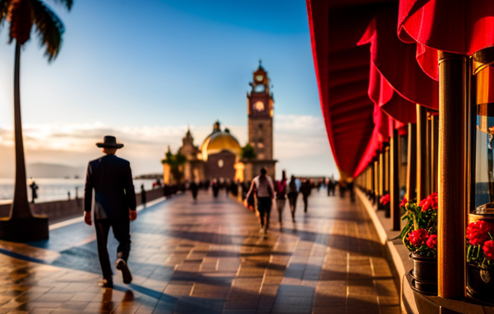 An image showcasing the vibrant colors of Puerto Vallarta's Malecon boardwalk, adorned with charming cobblestone streets, lined with lively markets, stunning sculptures, and bustling cafes, all against the backdrop of the sparkling blue ocean