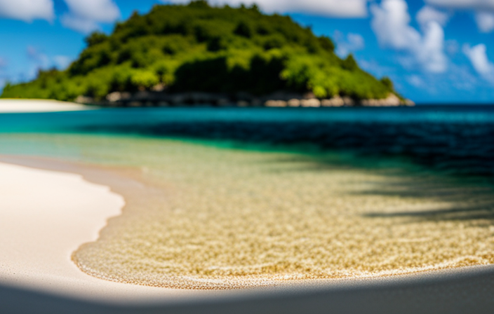 An image showcasing the turquoise waters of Roatan's pristine beaches, fringed with palm trees, where cruise ship passengers enjoy snorkeling, paddleboarding, and basking in the sun, with vibrant coral reefs visible beneath the surface